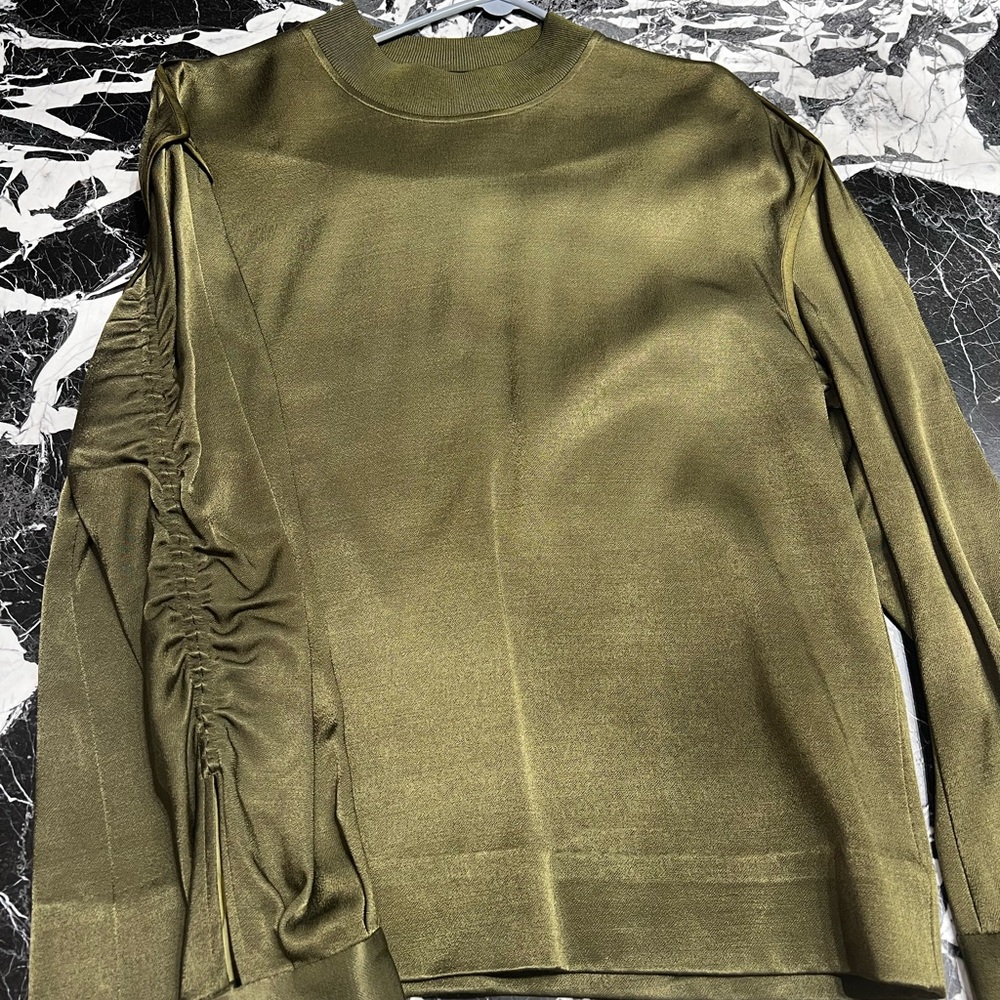 Olive Green Satin Long ruched Sleeve Top